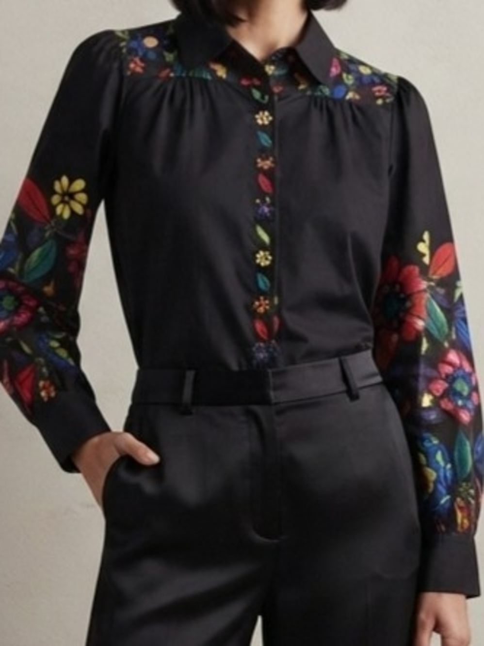 Black Floral-Embroidered Button-Up Womens Blouse